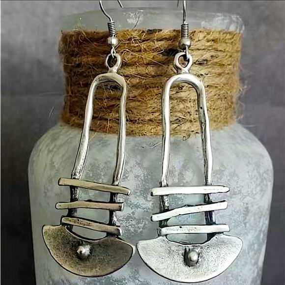 Geometric Bohemian Silver Irregular Vintage Dangle Earrings - Picture 1 of 5